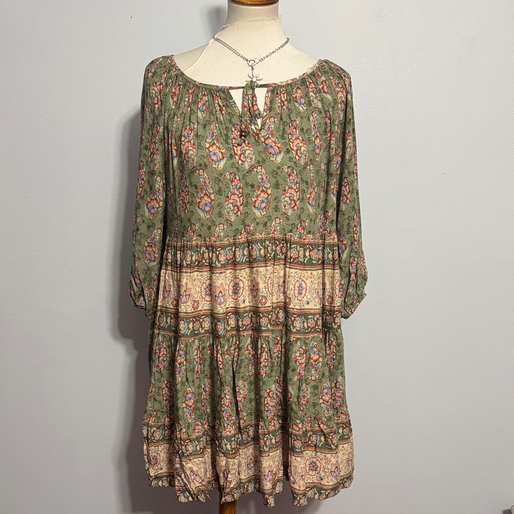 easel Olive Paisley Tiered Peasant Dress